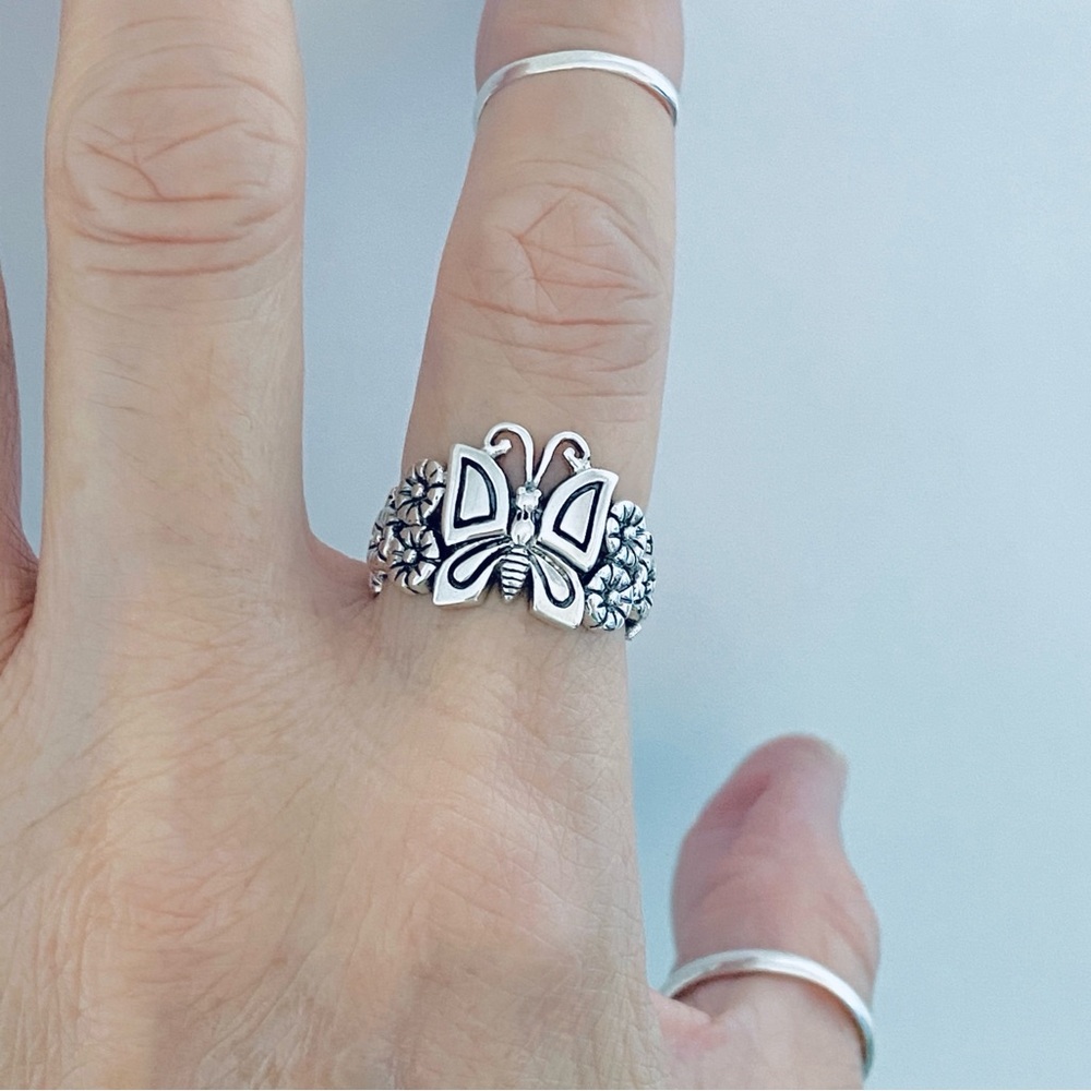 Sterling Silver Statement Butterfly and Plumeria Ring, Flower Rings, Bug Jewelry - Picture 11 of 13